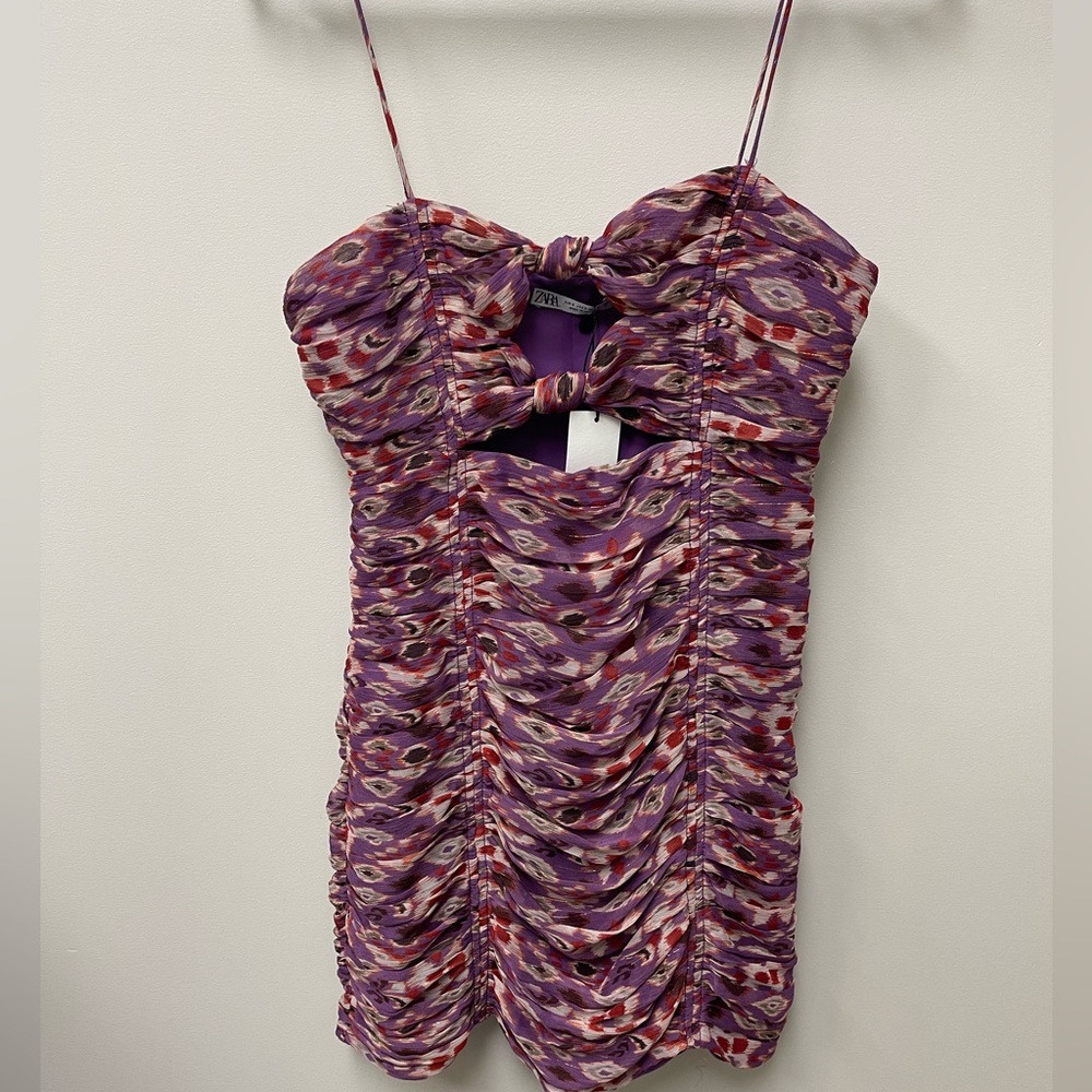 Zara Purple Gold Metallic Twist Front Draped Ruched Mini Dress. NWT